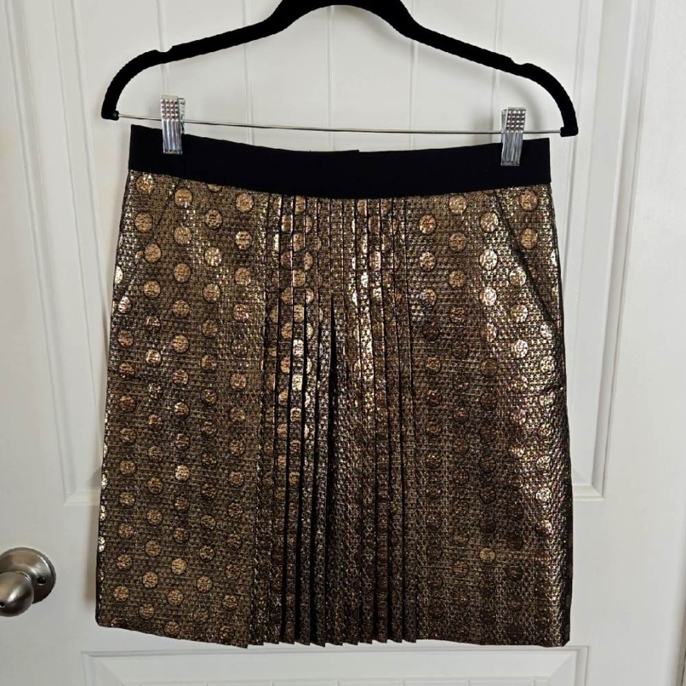 J. Crew Gold Metallic Polka Dot Pleated Mini Skirt Wool Silk Blend Size 2